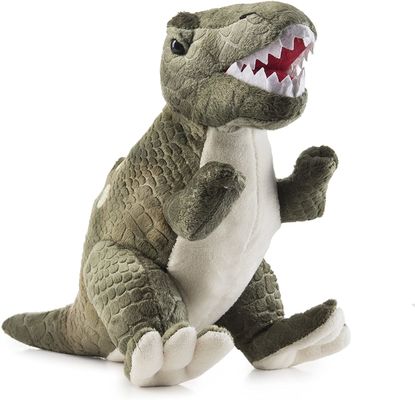 長い先の尖った歯を搭載する緑のティラノサウルス・レックスのplushおもちゃ浮彫りにされたせん断のプラシ天から成っている恐竜のplushおもちゃ