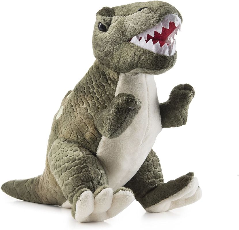 長い先の尖った歯を搭載する緑のティラノサウルス・レックスのplushおもちゃ浮彫りにされたせん断のプラシ天から成っている恐竜のplushおもちゃ